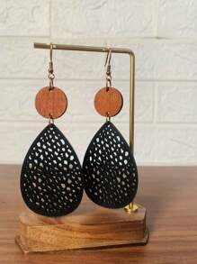 1 par de pendientes colgantes de madera con segmentos en forma de telaraña hueca vintage