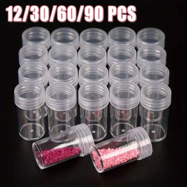 Botellas de almacenamiento de plástico transparente - 12/30/60/90 piezas - Organizador de artesanía para rhinestones, semillas y suministros de manualidades - Contenedor transparente para cuentas de pintura de diamantes y almacenamiento de artesanía con fácil acceso