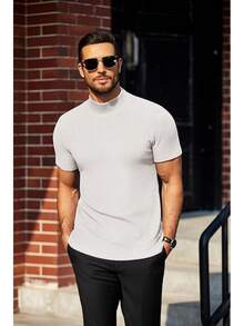 Mens Mock Turtleneck Sweater Short Sleeve Turtle Neck Sweaters Casual Ribbed Knitted Pullover Tops Solid Basic Tee - A-white - View 4