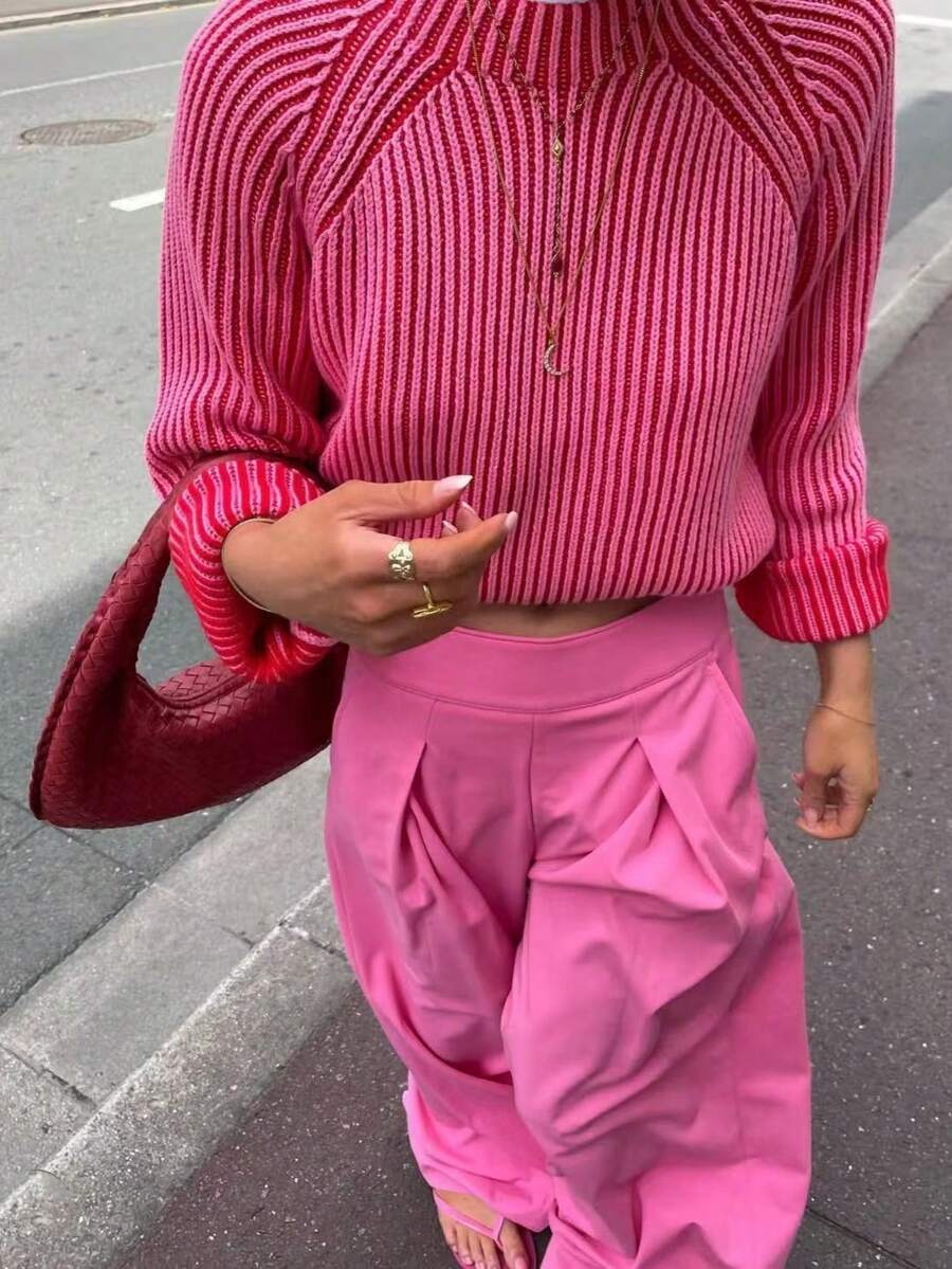 Women's Eye-Catching Vertical Striped Colorblock Casual Loose Knit Sweater, Crew Neck Pullover, Commuter Fashion Street Style Fall - Hot Pink - View 1