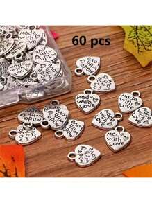 10pcs/20pcs/30pcs/60pcs/80pcs/100pcs Silver Heart & Letter "Made With Love" Pendant Charms For DIY Jewelry Crafting
