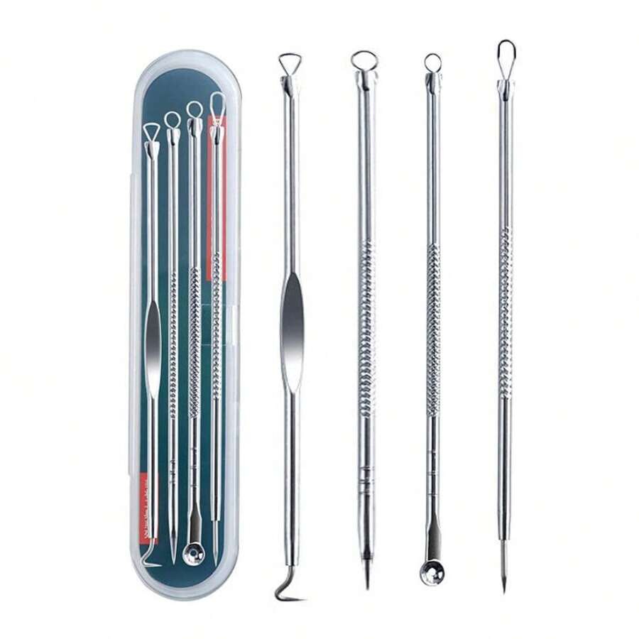 Kit de eliminación de puntos negros y granos 4 piezas con extractor de espinillas, acné y comedones en nariz y rostro, conjunto de eliminación de puntos blancos de acero inoxidable