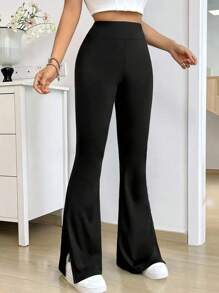 Damen Frühlings-/Sommerluffahose, einzigartige Seitenschlitz dünne Version Lange Hose, Yoga Leggings, hochhüftige eng anliegende Schlupfhose mit weitem Bein, schmale und dehnbare verkürzte Hose, markanter Schlitzsaum - einfarbig Schwarz, Polyester, Maschinenwäsche - vielseitig einsetzbare Schlaghose für alle Jahreszeiten