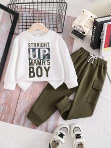 Toddler Letter Graphic Print Round Neck Sweatshirt And Pants Set - Army Green - View 1