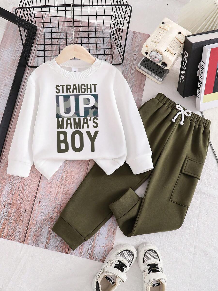 Toddler Letter Graphic Print Round Neck Sweatshirt And Pants Set - Army Green - View 1
