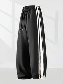 男士休闲运动户外跑步长裤，宽松直筒裤，条纹拼色，腰部抽绳 - 黑色 - 查看 3