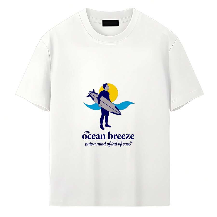 Summer Men's Cotton Printed Short Sleeve Round Neck T-Shirt, 2025 New DIY Short Sleeve- Silhouette Of A Man Carrying A Surfboard, With The Text 'an Ocean Breeze Puts A Mind Of Ind Of Ease' - 白色 - 查看 1