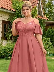 Plus Size Deep V-Neck Spaghetti Strap Sequin Floral Lace Patchwork Cold-Shoulder Contrast Ruffle Waist Chiffon Maxi Dress, Formal Evening Party, Homecoming, Wedding Guest, Formal Occasion - Dusty Pink - View 8