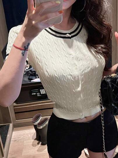 女士撞色针织开衫，轻薄透气，休闲修身，夏季百搭上衣