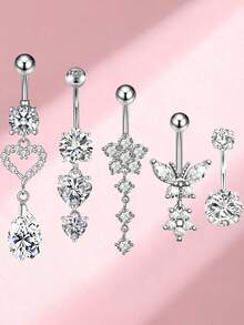 5 件/套身体首饰套装，配有方晶锆石装饰，包括心形、花朵和蝴蝶形肚脐环，适合女性日常佩戴情人节、妈妈、母亲、母亲节、礼物 - 5件肚臍環 - 查看 12