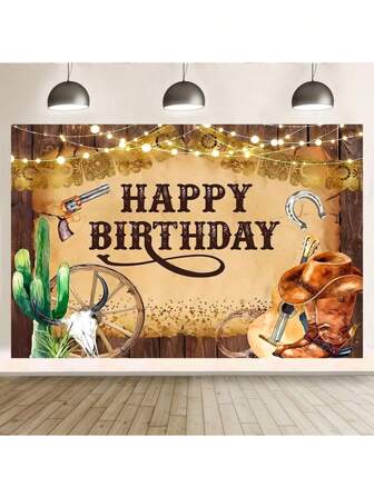 1pc Western Cowboy Birthday Party Fabric Backdrop, Wild West Theme Decoration - Small Wooden House And Barn Banner For Photo Booth Or Wall Decor