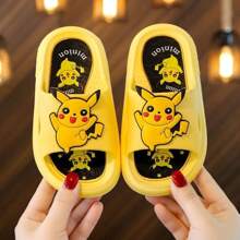 pokemon Children's Cartoon Pikachu Slippers, Boys' Non-Slip Design Slippers And Sandals With Soft Soles, Suitable For Toddlers/Young Children/Older Children In Summer For Use In Bathrooms, Indoors, And At Home. Cute And Soft-Soled Cartoon-Style Beach Shoes For Boys And Girls.