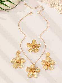 4pcs Set Elegant Chic Embossed Floral Alloy Jewelry Set Including Necklace, Ring, Earrings, Fashion, Versatile, Suitable For Parties, Traveling, Daily Wear, Holidays, Gift