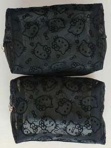 Sanrio 1pc Kitty Flocked & Mesh Portable Cosmetic Bag, Large Capacity Makeup Storage Pouch, Practical For Outdoor Use