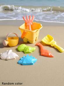 8件/4件/2件/1件儿童软橡胶沙滩玩具套装，挖沙挖土玩水软橡胶材质耐用，包含沙滩桶、小鸡漏斗沙盘、洒水器、铲子、耙子、恐龙动物模具等，颜色随机，适合3-6-12岁男宝宝女宝宝沙滩户外玩沙。