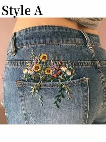 A Set Of Lace Embroidered Jeans Pocket Decoration Set, DIY Mixed-Color Fabric Craft Set With Calico, English Manual, Sewing Needle, Thread - All-Season Flower-Themed Decoration Set
