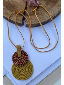 Women's Long Necklace Color Handmade Mandal Pendant - 10芥末黃/珊瑚色 - 查看 2
