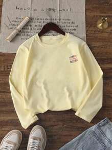 Tween Girl Graphic Print Round Neck Long Sleeve T-Shirt, Autumn/Winter Top