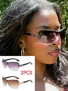 2pcs Y2K Futuristic Fashion Glasses Wraparound Chain Link Anklet Wraparound Shape Shades - 2pc (double Tea and Double Gray) - View 1