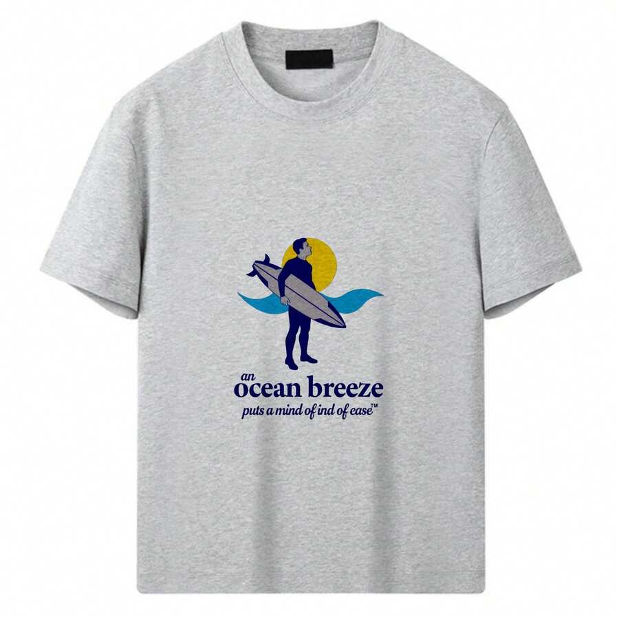 Summer Men's Cotton Printed Short Sleeve Round Neck T-Shirt, 2025 New DIY Short Sleeve- Silhouette Of A Man Carrying A Surfboard, With The Text 'an Ocean Breeze Puts A Mind Of Ind Of Ease' - 灰色 - 查看 1