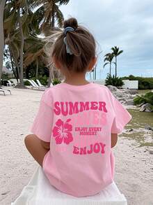Baby Girls' Simple Flower & Letter Print Round Neck Short Sleeve Cute Top - Pink - View 1
