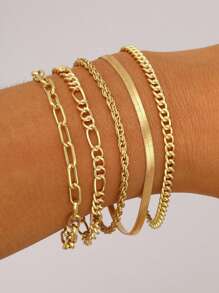 Set de 5 piezas de cadenas metálicas minimalistas de estilo bohemio europeo y americano hechas a mano, pulsera minimalista de multicapa apta para el uso diario de niñas