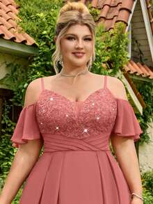 Plus Size Deep V-Neck Spaghetti Strap Sequin Floral Lace Patchwork Cold-Shoulder Contrast Ruffle Waist Chiffon Maxi Dress, Formal Evening Party, Homecoming, Wedding Guest, Formal Occasion - Dusty Pink - View 9