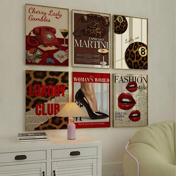 1/6Pcs Set Living Room Decor Retro Girly Canvas Poster – Y2K Fashion Prints, Canvas Wall Decor & Home Decor Living Room Accents, Stylish Leopard Wall Art & Posters For Room Decor, Bold Red Funky Home Decor Statement