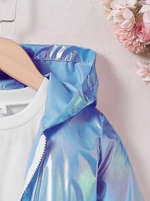 Chaqueta cortavientos de niña de color púrpura láser, multifuncional, de moda, personalizada, fresca, con diseño especial de cintura, sudadera con capucha de longitud media con cremallera, adecuada como regalo para la hija - Azul - Ver 4