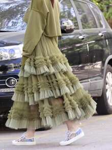 Stylish Layered Contrast Color Cake Skirt For Women, Sweet Fairy Mesh Tulle Skirt, Spring/Summer New Arrival - Green - View 1