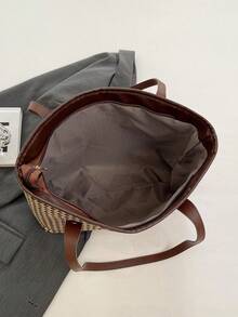 复古千鸟格托特包2025新款设计，大容量高品质手提包，女士通勤单肩包 - 棕色 - 查看 5