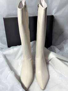 Fall/Winter Women's Pointed Toe High Heel Boots With Back Zipper, Elegant British Style Fashion Ankle Boot, Thickened Short Tube Boot,Kitten Heels - White - View 5