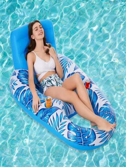 1 Adult Leaf-Patterned Water Inflatable Float Lounge Chair With A Cup Holder And Backrest, Suitable For Summer Water Pool Parties And Beach Floating, Beach Essentials, Beach Accessories