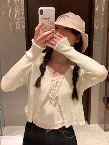 百搭浪漫花卉蕾丝V领系带短款女式开衫，2025年新款 - 杏色 - 查看 3