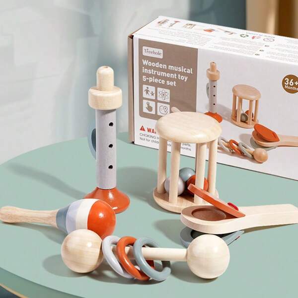 5pcs Wooden Toy Baby Rattle Infant Hand Bell Sound Toy, Early Educational Musical Crib Toys