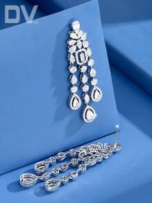 DV JEWELRY 1 Pair Luxury Platinum Plated Cubic Zirconia Pendant Earrings, Elegant Jewelry Gift Set For Women, Wedding Party Anniversary With Gift Box