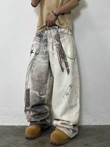 Hearty Haven 1件装复古高街个性化数码印花水洗休闲宽松牛仔裤，男士百搭街头服饰 - 白色 - 查看 5