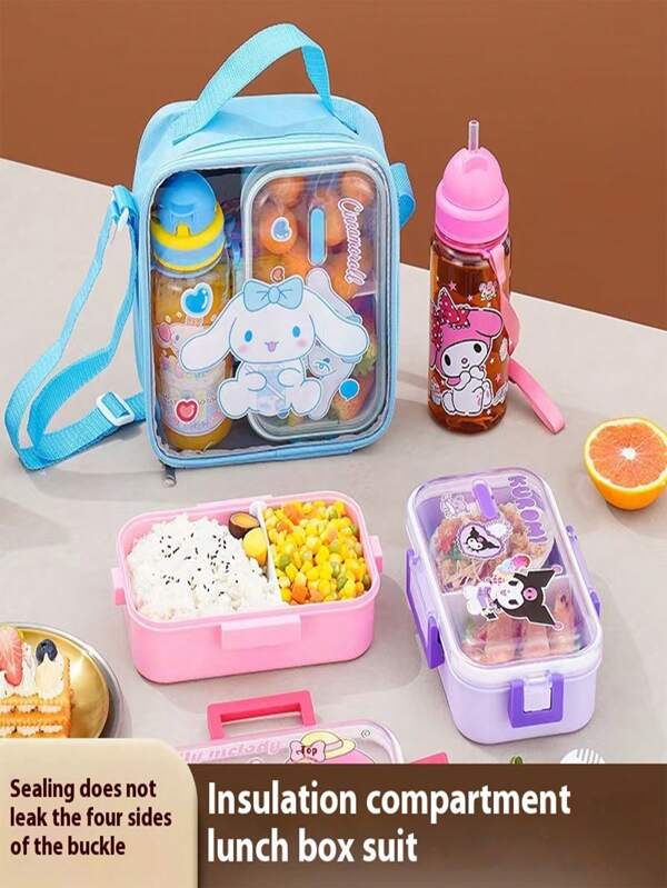 Sanrio 1 Lancheira Sanrio Hello Kitty & Friends Rosa, Conjunto de Garrafas de Água - Recipiente de Lancheira de Plástico Retangular à Prova de Vazamentos com Divisórias, Lavável à Mão, Para Trabalho, Escola e Viagens, Organizador de Lancheira de Trabalho | Lancheira com Tema de Personagens | Material Fácil de Limpar, Sanrio