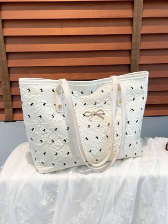 休闲大容量菱形图案纯色蝴蝶结托特包，简约时尚顶部提手手提包，2025新款设计