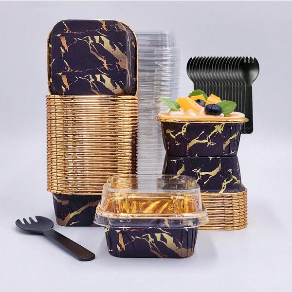 Cakegiugiu 5OZ Square Baking Cups(3 Different Specificatios:Without Lids,With Lids,With Lids And Spoons),50pcs Cupcake Cup With Lids And Spoons, Disposable Muffin Cup, Heat-Resistant Glossy Paper Cupcake Liner, Muffin Mold, Baking Tool, Rolled Edge Cake Cup,Perfect For Wedding And Birthday Party
