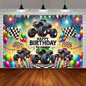 [Customized] Personalized Birthday Party Backdrop, Love Party, Cool Monster Truck Banner, Customized Decorative Wall Hanging, Home Decor, DIY Pattern Party Decoration, No Electricity Required
