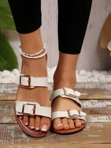 Sandalias de mujer de talla grande, de punta abierta y deslizamiento, sandalias planas minimalistas cómodas con decoración de hebilla metálica, zapatos de playa casuales de verano
