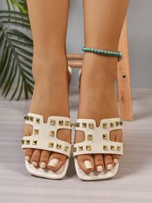 女士夏季时尚铆钉镶嵌H型朋克方头平底户外室内休闲舒适透气轻便基本款沙滩凉鞋