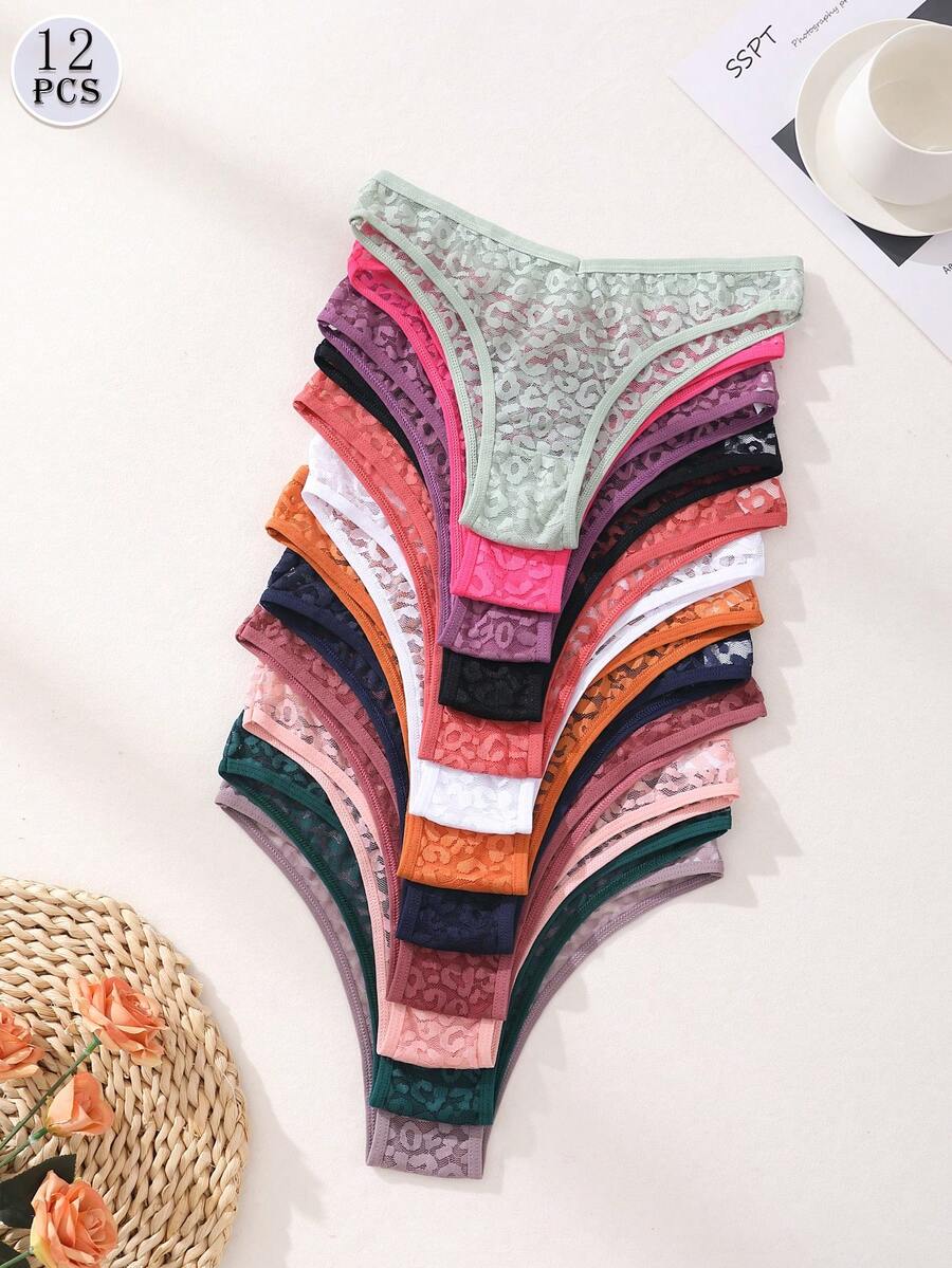 12条/包 女士性感蕾丝镂空比基尼内裤，V腰无缝豹纹浪漫内衣，舒适透气