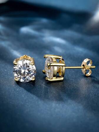 1对简约时尚四爪镶嵌圆形立方氧化锆耳钉，不锈钢材质，可作圣诞礼物、圣诞装饰或送给妈妈的礼物