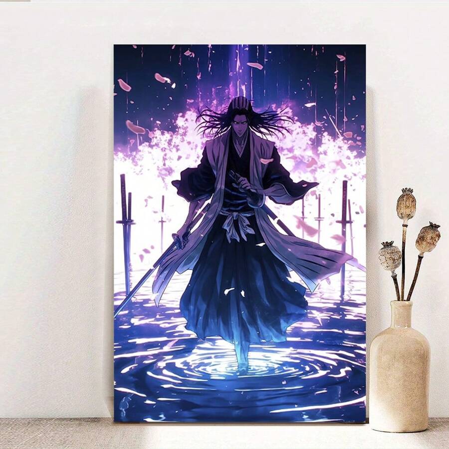 Framed   Japanese Anime Canvas Poster -   Vibrant Wall Art Featuring Dynamic Martial Arts Character, Purple & Blue Hues, Perfect For Bedroom, Office, Living Room, Or Cafe Decor, Kawaii Room Decor - 裱框 - 查看 1