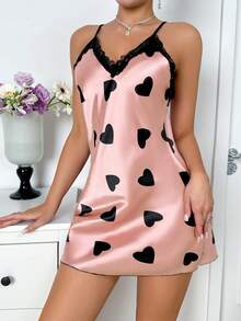 V-Neck Lace Trim Heart Print Sleepshirt, Backless Nightgown Mini Dress, Women Lingerie And Nightdress - Valentine's Day Gift