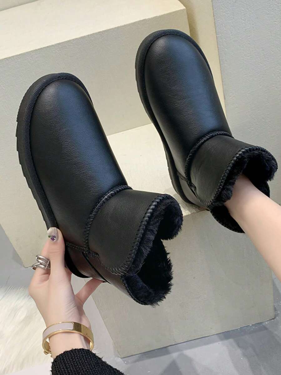 1 par de botas de nieve de camuflaje, impermeables, de moda y versátiles hasta el tobillo, de fácil puesta, cálidas para hombres y mujeres de tallas grandes - Negro - Ver 1