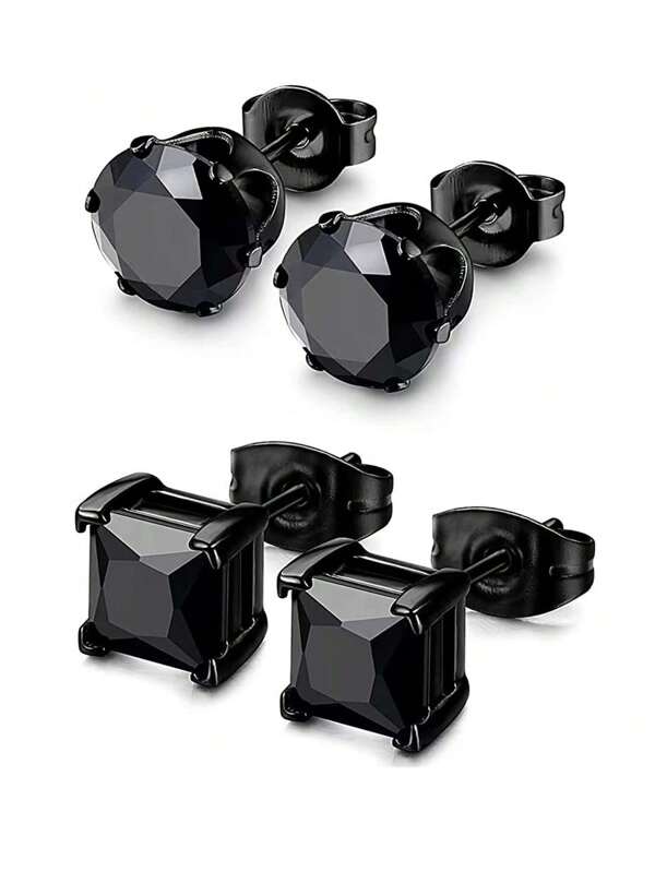 2 pares de pendientes de acero inoxidable con circonita cúbica, pendientes tipo botón clásico de estilo europeo y americano con circonita cuadrada de 6 mm para hombres y mujeres