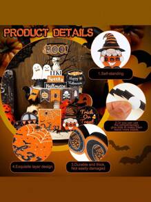 15pcs Halloween Tiered Tray Decor Cute Halloween Wooden Signs Black And Orange Ghosts Halloween, Adorable Halloween Wooden Signs Farmhouse Rustic Tray Decorations For Home Dining Table House Room Kitchen Party (No Tray No Lights)